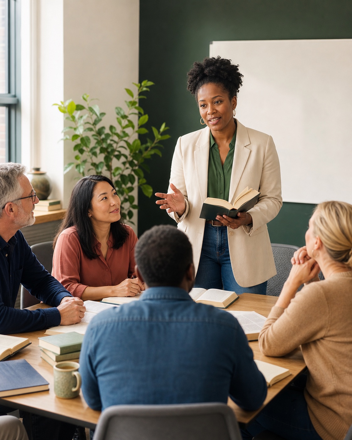 A woman facilitating a group discussion around a book