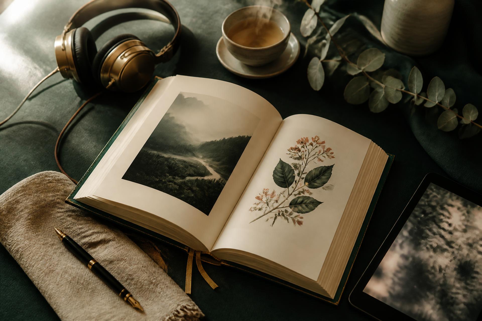An open book with headphones, tea and a tablet
